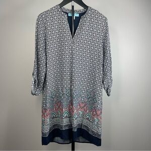 Dina Be Patterned Navy and Pink Women's V-Neck Shift Dress size Small‎